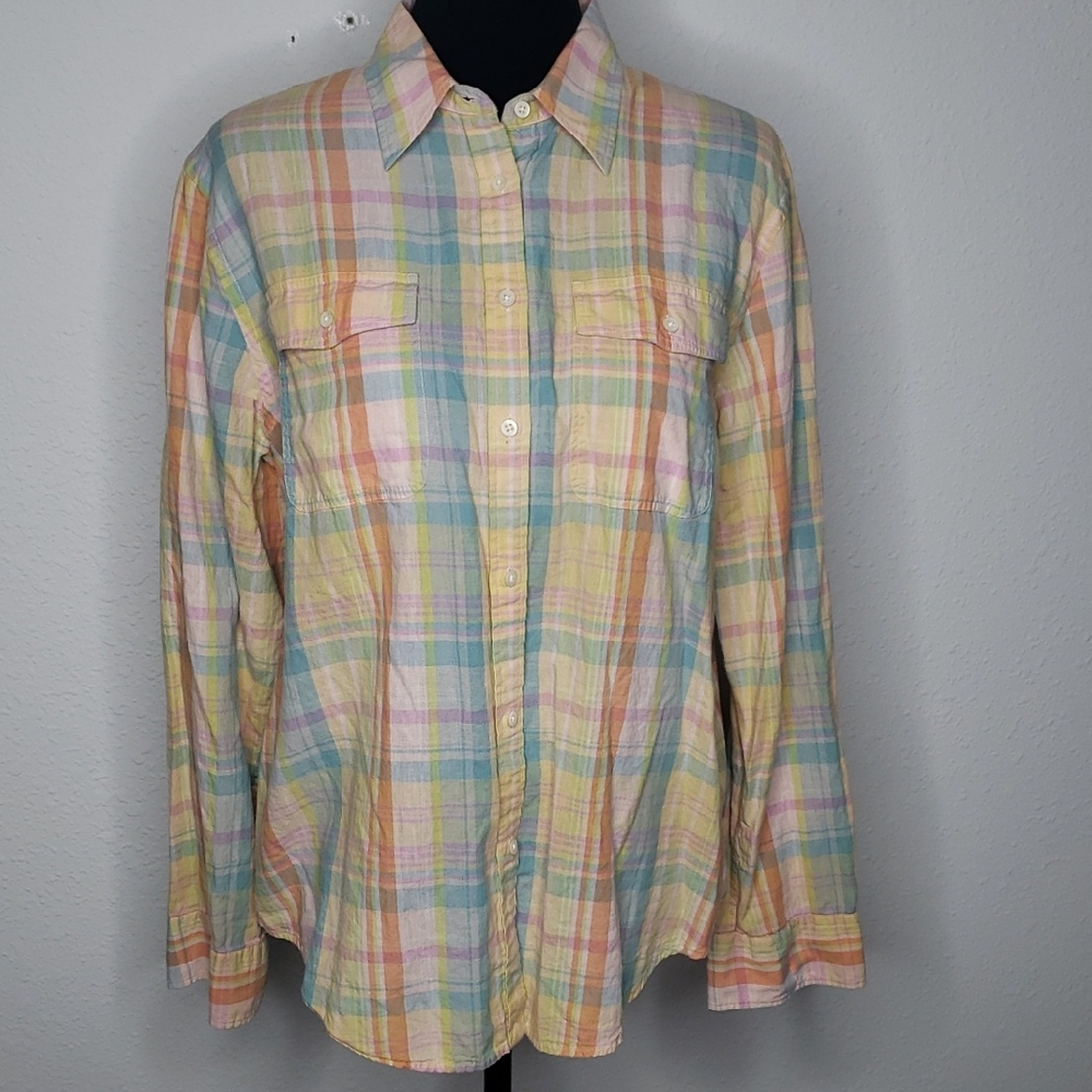 Lauren Ralph Lauren Linen Cotton Plaid Button Up Shirt Size XL Coastal Mature